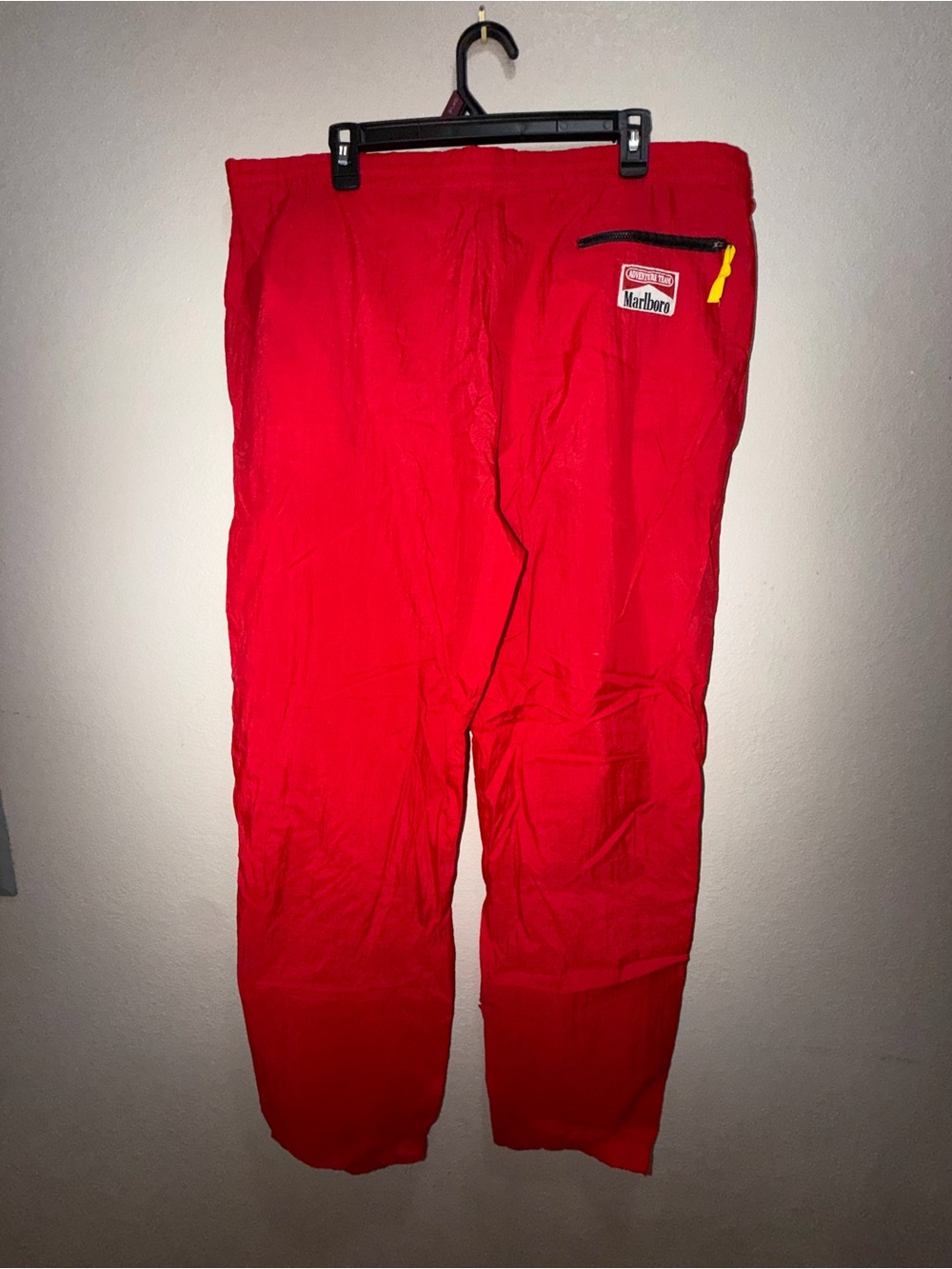 Vintage Marlboro Men's Bright Red Track Pants with Zip Pocket
